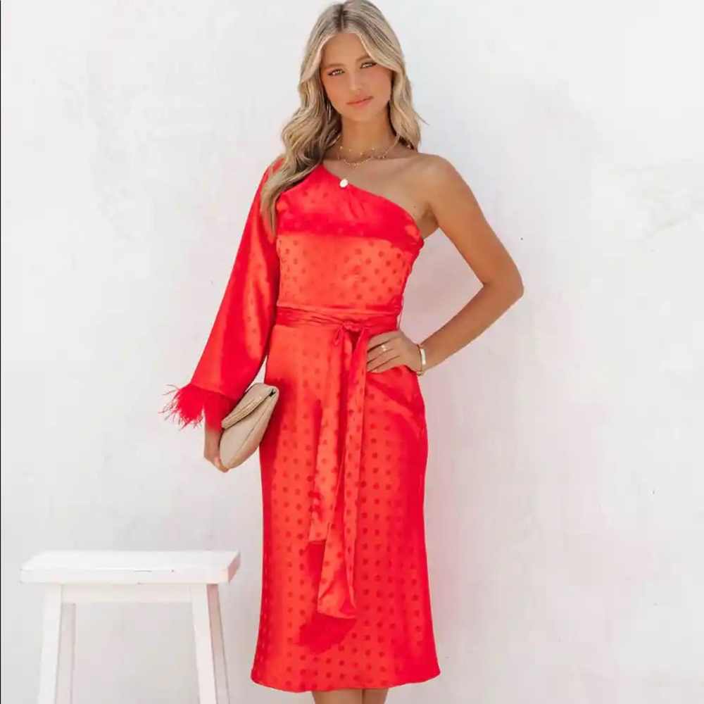 Margaux Satin Feather Trim Midi Dress - Red